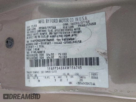 2004 Ford Focus SE with VIN 1FAFP343X4W156745, listed as a IAAI auction lot 42501461 with 289,925 mi miles and . Bid and sale history available at DreamBid. Image 9.
