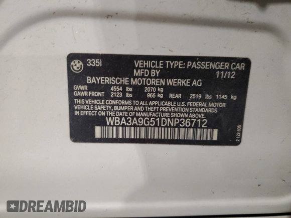 2013 BMW 3 Series 335i with VIN WBA3A9G51DNP36712, listed as a Copart auction lot 52407465 with 117,972 mi miles and Salvage title. Bid and sale history available at DreamBid. Image 12.