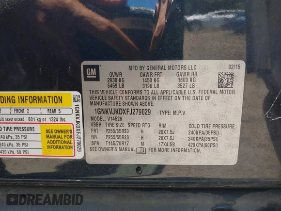 2015 Chevrolet Traverse LTZ with VIN 1GNKVJKDXFJ279029, listed as a IAAI auction lot 39694033 with 151,241 mi miles and . Bid and sale history available at DreamBid. Image 9.