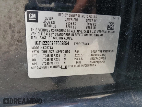 2015 GMC Sierra 2500HD available WiFi SLT with VIN 1GT12ZE87FF602854, listed as a Copart auction lot 51348525 with 96,105 mi miles and Salvage Title. Bid and sale history available at carsss.com. Image 12.