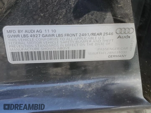 2011 Audi A4 Premium Plus with VIN WAUFFAFL2BN035030, listed as a Copart auction lot 58201545 with 171,872 mi miles and Salvage title. Bid and sale history available at DreamBid. Image 12.