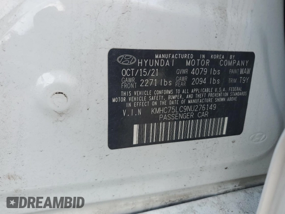2022 Hyundai Ioniq SE с VIN KMHC75LC9NU276149, выставлен на аукционе Copart как лот 57220835 с пробегом 51 599 миль миль и Списание • Salvage title. История ставок и продаж доступна на DreamBid. Изображение 12.
