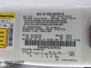 2020 Ford Fusion SE with VIN 3FA6P0T92LR249765, listed as a IAAI auction lot 41789244 with 50,027 mi miles and . Bid and sale history available at DreamBid. Image 9.