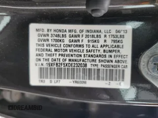 2013 Honda Civic LX z VIN 19XFB2F5XDE232038, wystawiony jako Copart lot #58690005 z przebiegiem 138 361 mil mil oraz Szkoda całkowita • Salvage title. Historia ofert i sprzedaży dostępna na DreamBid. Obrazek 13.