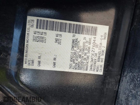 2018 Nissan Altima 2.5 SR with VIN 1N4AL3AP7JC276044, listed as a IAAI auction lot 41898554 with 103,329 mi miles. Bid and sale history available at carsss.com. Image 9.
