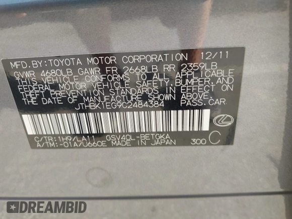 2012 Lexus ES 330 with VIN JTHBK1EG9C2484384, listed as a IAAI auction lot 42528428 with Not provided miles and . Bid and sale history available at DreamBid. Image 9.