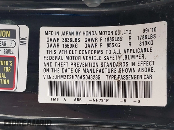 2010 Honda Insight EX with VIN JHMZE2H76AS043235, listed as a IAAI auction lot 42715178 with 156,073 mi miles and . Bid and sale history available at DreamBid. Image 9.