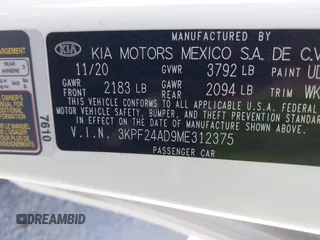 2021 Kia Forte LXS с VIN 3KPF24AD9ME312375, выставлен на аукционе IAAI как лот 41525460 с пробегом 64 280 миль миль и . История ставок и продаж доступна на DreamBid. Изображение 9.