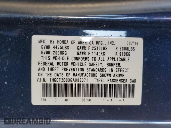 2016 Honda Accord Touring with VIN 1HGCT2B0XGA005371, listed as a Copart auction lot 42310165 with 117,946 mi miles and Salvage Title. Bid and sale history available at DreamBid. Image 12.