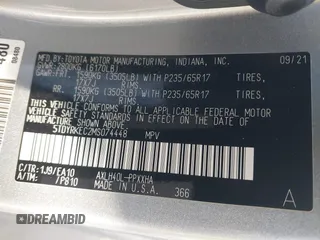 2021 Toyota Sienna XLE with VIN 5TDYRKEC2MS074448, listed as a IAAI auction lot 41946030 with 122,509 mi miles and . Bid and sale history available at DreamBid. Image 9.