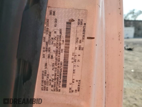 2007 Ford Econoline Cargo Commercial with VIN 1FTNE14W67DA71363, listed as a Copart auction lot 44397965 with 249,757 mi miles and Salvage Title. Bid and sale history available at DreamBid. Image 13.