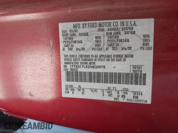 2002 Ford F-150 XL with VIN 1FTRX17LX2NB30978, listed as a IAAI auction lot 41979756 with 225,030 mi miles. Bid and sale history available at carsss.com. Image 9.