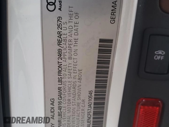 2018 Audi A5 Sportback Premium Plus with VIN WAUENCF57JA010545, listed as a Copart auction lot 42618524 with 72,823 mi miles. Bid and sale history available at carsss.com. Image 12.