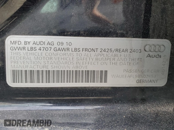 2011 Audi A4 2.0T Premium Plus with VIN WAUEFAFL9BN024537, listed as a Copart auction lot 47991825 with 101,543 mi miles and Salvage Title. Bid and sale history available at carsss.com. Image 12.