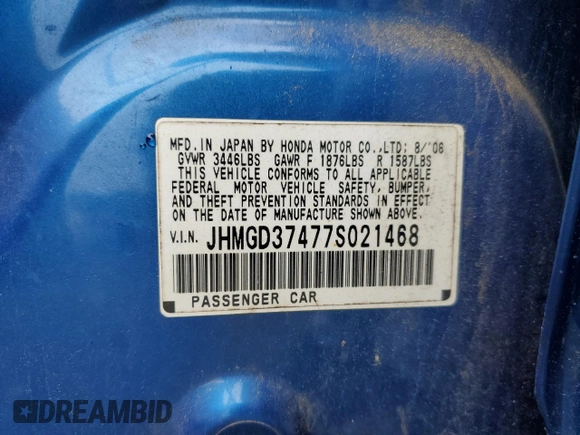 2007 Honda Fit с VIN JHMGD37477S021468, выставлен на аукционе Copart как лот 58093675 с пробегом 111 480 миль миль и Списание • Salvage title. История ставок и продаж доступна на DreamBid. Изображение 12.