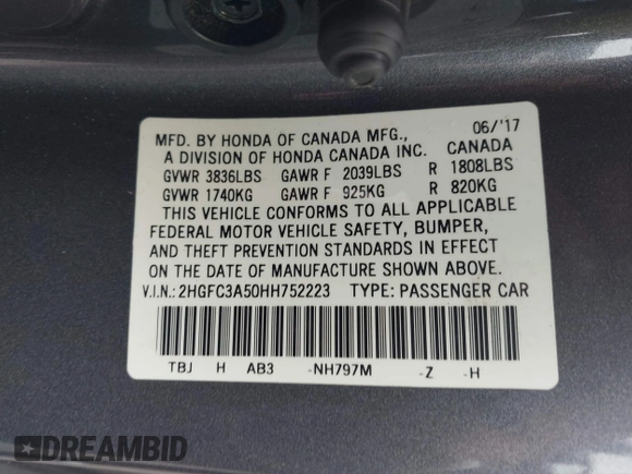 2017 Honda Civic Si with VIN 2HGFC3A50HH752223, listed as a IAAI auction lot 42273886 with 76,454 mi miles and . Bid and sale history available at DreamBid. Image 9.