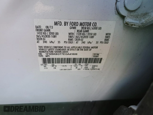 2014 Ford Explorer Sport with VIN 1FM5K8GT7EGA41606, listed as a Copart auction lot 51843465 with 291,783 mi miles and Salvage title. Bid and sale history available at DreamBid. Image 13.