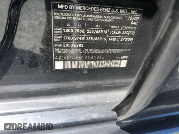 2001 Mercedes-Benz M 320/430/500 z VIN 4JGAB54E61A242946, wystawiony jako Copart lot #53629265 z przebiegiem 225 597 mil mil oraz Szkoda całkowita • Salvage title. Historia ofert i sprzedaży dostępna na DreamBid. Obrazek 14.