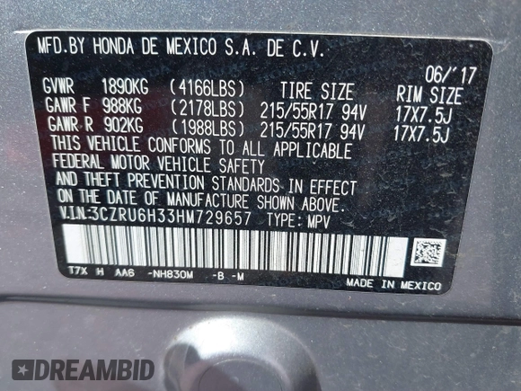2017 Honda HR-V LX with VIN 3CZRU6H33HM729657, listed as a IAAI auction lot 41844221 with 181,047 mi miles. Bid and sale history available at carsss.com. Image 9.