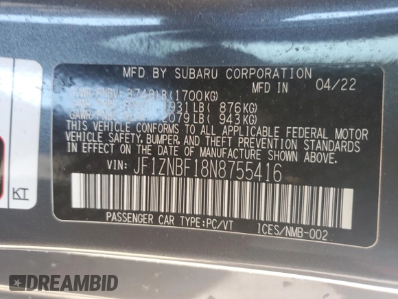 2022 Toyota 86 Premium with VIN JF1ZNBF18N8755416, listed as a Copart auction lot 86777544 with 44,221 mi miles and Salvage Title. Bid and sale history available at DreamBid. Image 14.