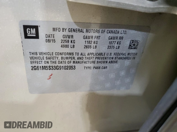 2016 Cadillac XTS Luxury Collection with VIN 2G61M5S33G9102053, listed as a Copart auction lot 46541965 with 69,285 mi miles and Salvage title. Bid and sale history available at DreamBid. Image 12.