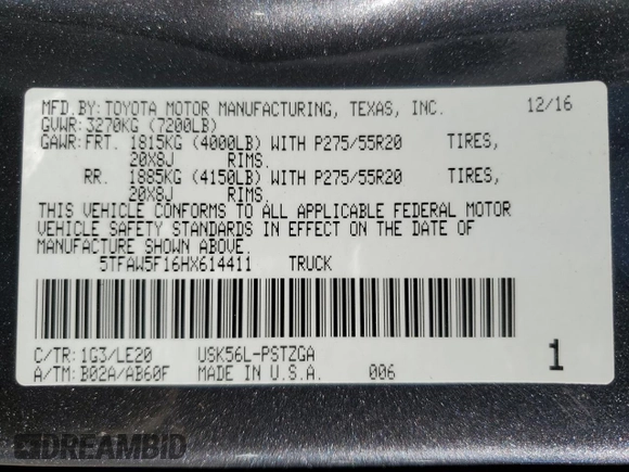 2017 Toyota Tundra Platinum z VIN 5TFAW5F16HX614411, wystawiony jako Copart lot #43986445 z przebiegiem 93 457 mil mil oraz Szkoda całkowita • Salvage title. Historia ofert i sprzedaży dostępna na DreamBid. Obrazek 13.