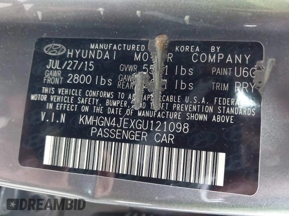 2016 Hyundai Genesis 3.8L with VIN KMHGN4JEXGU121098, listed as a IAAI auction lot 42061607 with 138,650 mi miles and . Bid and sale history available at DreamBid. Image 9.