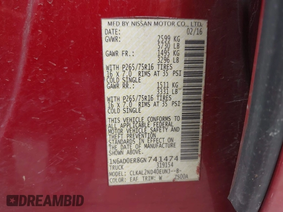 2016 Nissan Frontier SV с VIN 1N6AD0ER8GN741474, выставлен на аукционе IAAI как лот 42254299 с пробегом 136 637 миль миль и . История ставок и продаж доступна на DreamBid. Изображение 9.