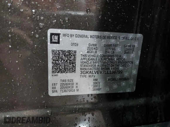2020 GMC Terrain SLT z VIN 3GKALVEV7LL108799, wystawiony jako Copart lot #60489505 z przebiegiem 55 873 mil mil oraz Szkoda całkowita • Salvage title. Historia ofert i sprzedaży dostępna na DreamBid. Obrazek 14.