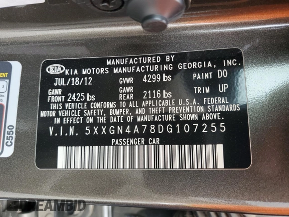 2013 Kia Optima EX with VIN 5XXGN4A78DG107255, listed as a Copart auction lot 61015475 with 168,006 mi miles and Salvage title. Bid and sale history available at DreamBid. Image 12.