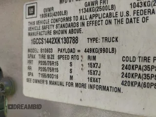 1999 Chevrolet S-10 LS with VIN 1GCCS1442XK130788, listed as a IAAI auction lot 41356829 with 290,817 mi miles. Bid and sale history available at carsss.com. Image 9.