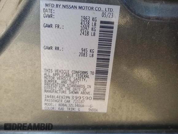 2023 Nissan Altima SL with VIN 1N4BL4EV2PN399590, listed as a Copart auction lot 45354055 with 69,401 mi miles and Salvage Title. Bid and sale history available at DreamBid. Image 13.