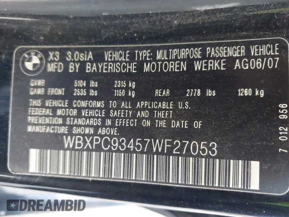 2007 BMW X3 3.0si with VIN WBXPC93457WF27053, listed as a IAAI auction lot 41947179 with 183,505 mi miles and . Bid and sale history available at DreamBid. Image 9.