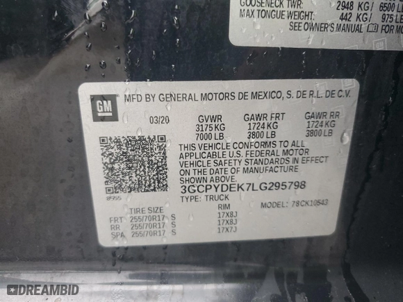 2020 Chevrolet Silverado 1500 LT with VIN 3GCPYDEK7LG295798, listed as a Copart auction lot 46238035 with 126,642 mi miles and Salvage Title. Bid and sale history available at carsss.com. Image 13.