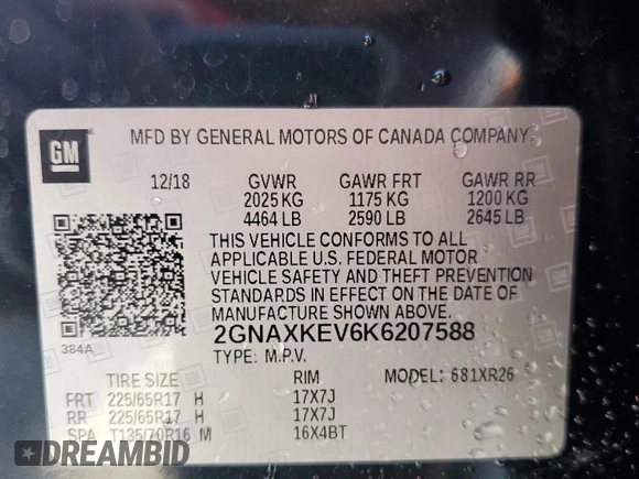 2019 Chevrolet Equinox LT with VIN 2GNAXKEV6K6207588, listed as a Copart auction lot 54264025 with 42,740 mi miles and Salvage Title. Bid and sale history available at DreamBid. Image 13.