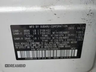 2019 Subaru Outback with VIN 4S4BSABC9K3346867, listed as a Copart auction lot 59029015 with 75,503 mi miles and Salvage title. Bid and sale history available at DreamBid. Image 13.
