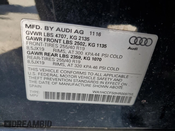 2017 Audi Q3 Premium Plus with VIN WA1HCCFS0HR009755, listed as a Copart auction lot 52728145 with 105,459 mi miles and Salvage title. Bid and sale history available at DreamBid. Image 13.