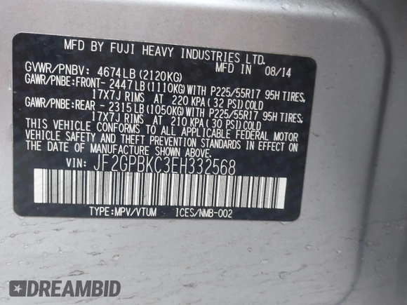 2014 Subaru Crosstrek Touring with VIN JF2GPBKC3EH332568, listed as a IAAI auction lot 41726153 with 114,032 mi miles and . Bid and sale history available at DreamBid. Image 9.