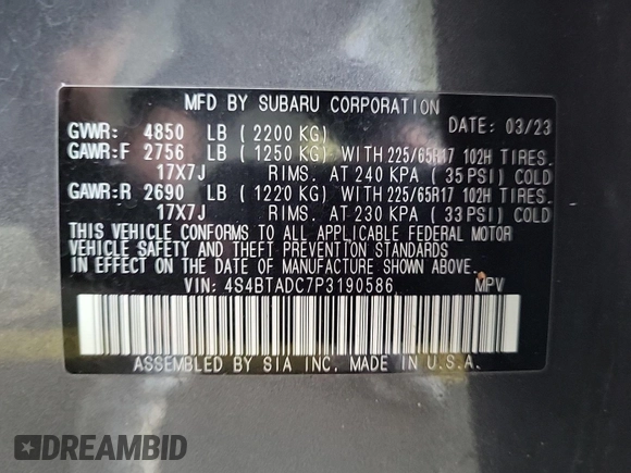 2023 Subaru Outback Premium with VIN 4S4BTADC7P3190586, listed as a IAAI auction lot 42634817 with 66,836 mi miles and . Bid and sale history available at DreamBid. Image 25.