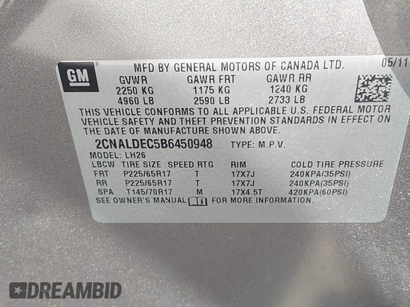 2011 Chevrolet Equinox LT w/1LT with VIN 2CNALDEC5B6450948, listed as a IAAI auction lot 41801649 with 108,909 mi miles. Bid and sale history available at carsss.com. Image 9.