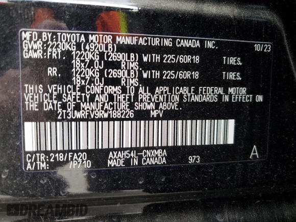 2024 Toyota RAV4 Hybrid LE with VIN 2T3UWRFV9RW188226, listed as a Copart auction lot 53516645 with 10,233 mi miles and Salvage title. Bid and sale history available at DreamBid. Image 13.