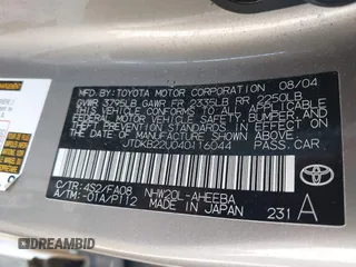 2004 Toyota Prius z VIN JTDKB22U040116044, wystawiony jako IAAI lot #42533237 z przebiegiem Nie podano mil oraz . Historia ofert i sprzedaży dostępna na DreamBid. Obrazek 9.