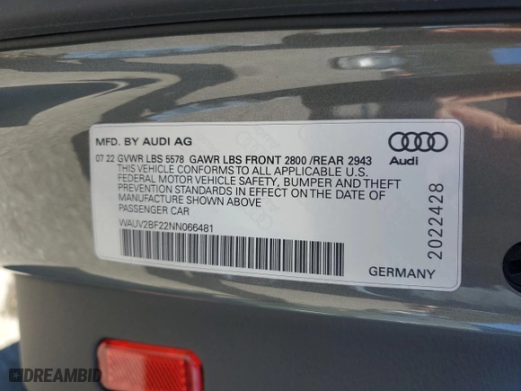 2022 Audi A7 Prestige with VIN WAUV2BF22NN066481, listed as a Copart auction lot 46341035 with 35,827 mi miles and Salvage Title. Bid and sale history available at carsss.com. Image 12.