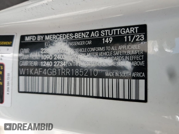 2024 Mercedes-Benz C 300 with VIN W1KAF4GB1RR185210, listed as a Copart auction lot 46951815 with 7,052 mi miles and Salvage title. Bid and sale history available at DreamBid. Image 14.