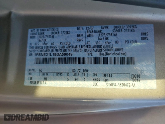 2008 Ford Econoline Passenger XL with VIN 1FBNE31L18DA59049, listed as a Copart auction lot 79072434 with 274,610 mi miles and Clean Title. Bid and sale history available at DreamBid. Image 13.