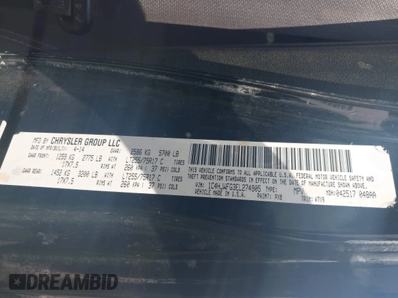 2014 Jeep Wrangler Unlimited Rubicon X with VIN 1C4HJWFG3EL274905, listed as a IAAI auction lot 41512631 with 123,961 mi miles and . Bid and sale history available at DreamBid. Image 9.