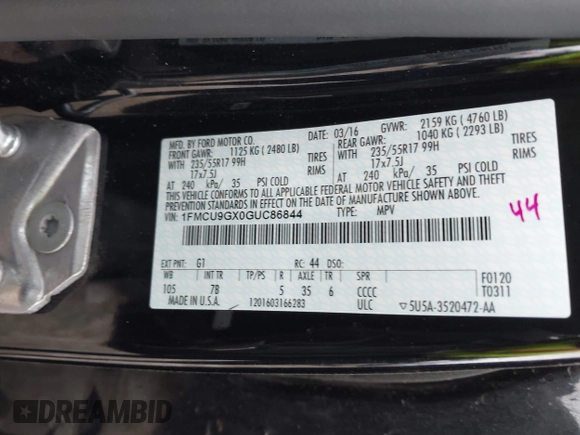 2016 Ford Escape SE with VIN 1FMCU9GX0GUC86844, listed as a IAAI auction lot 42046081 with 95,319 mi miles. Bid and sale history available at carsss.com. Image 9.
