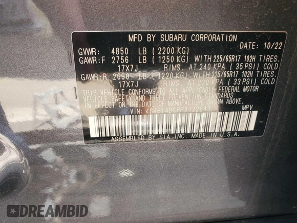 2023 Subaru Outback Premium с VIN 4S4BTADC8P3132843, выставлен на аукционе IAAI как лот 42556059 с пробегом 68 189 миль миль и . История ставок и продаж доступна на DreamBid. Изображение 11.
