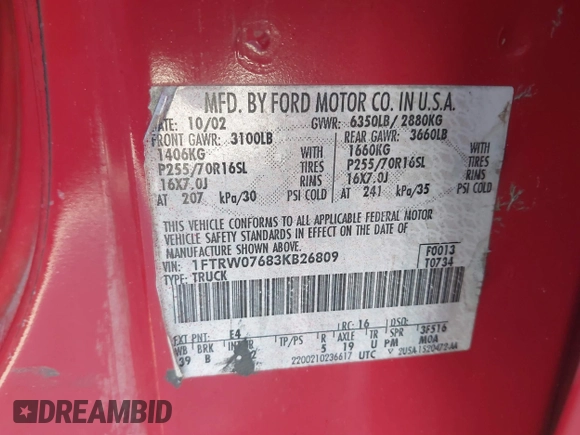 2003 Ford F-150 XLT with VIN 1FTRW07683KB26809, listed as a IAAI auction lot 41800242 with Not Provided miles. Bid and sale history available at carsss.com. Image 9.