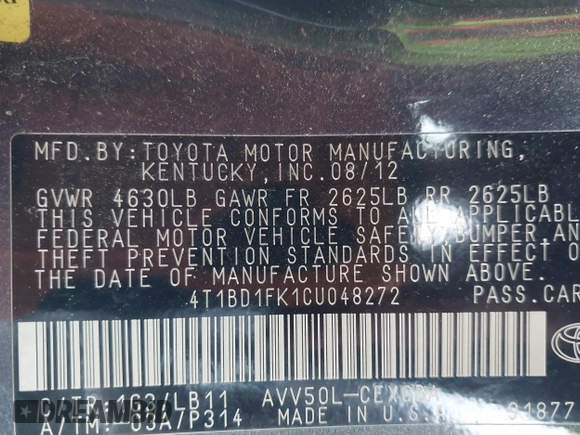 2012 Toyota Camry XLE z VIN 4T1BD1FK1CU048272, wystawiony jako IAAI lot #41711586 z przebiegiem 104 734 mil mil oraz . Historia ofert i sprzedaży dostępna na DreamBid. Obrazek 9.
